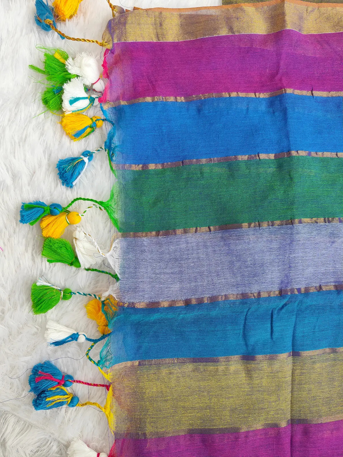 RAINBOW STRIPE BLUE MUL COTTON SAREE