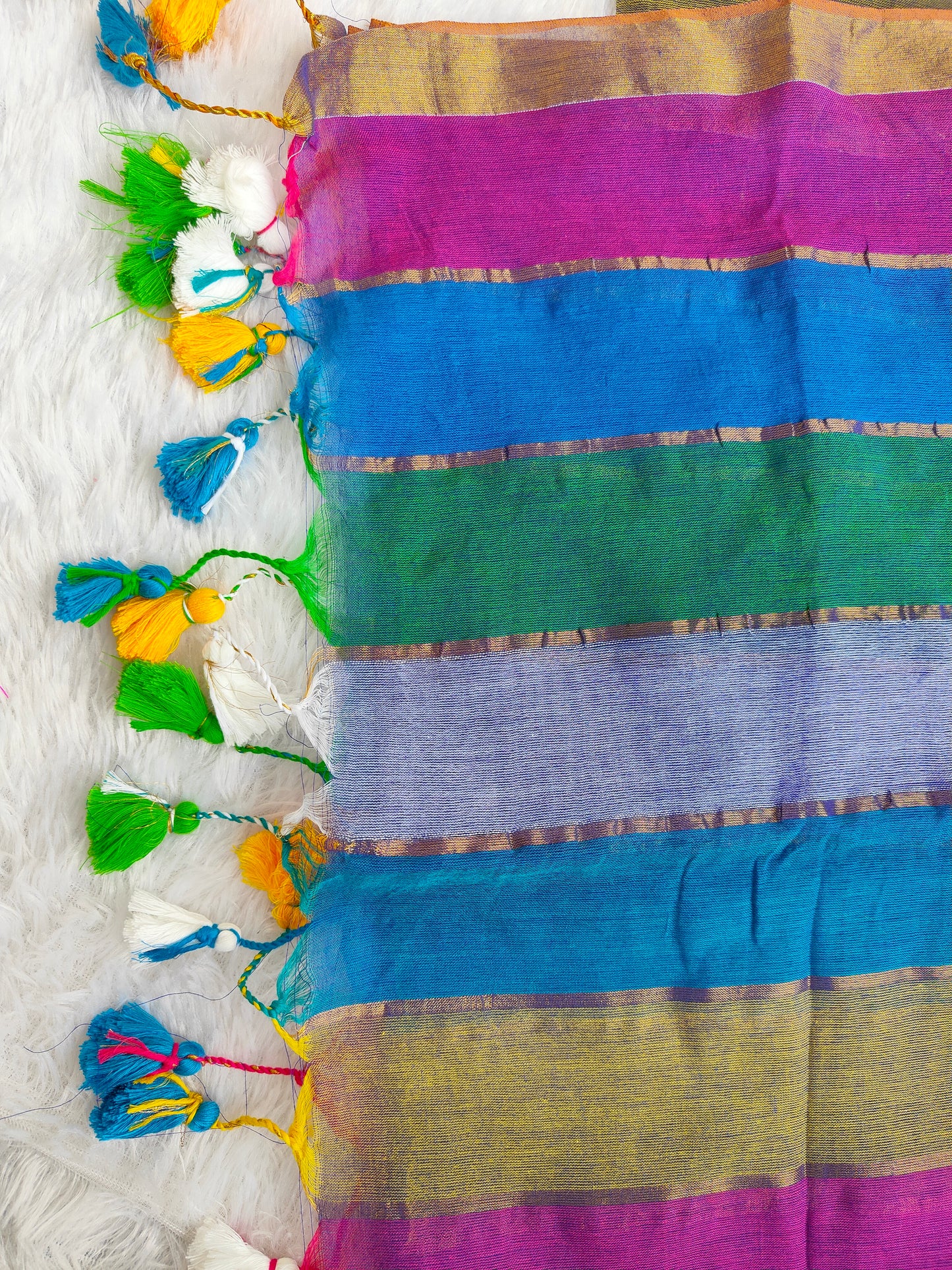 RAINBOW STRIPE BLUE MUL COTTON SAREE