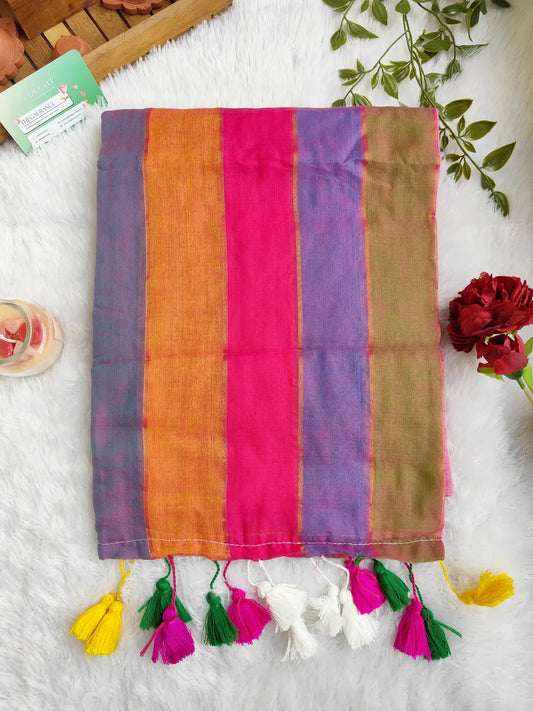 RAINBOW STRIPE PINK MUL COTTON SAREE