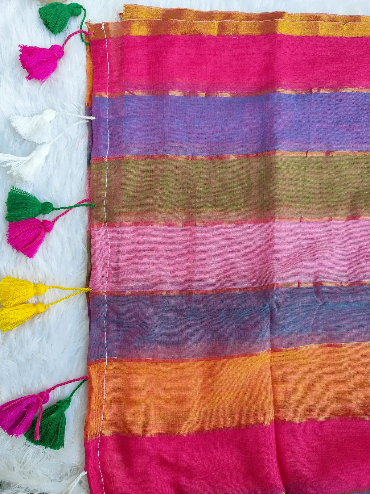 RAINBOW STRIPE PINK MUL COTTON SAREE