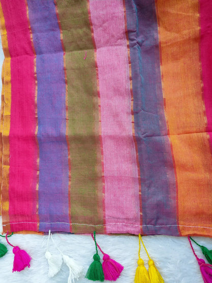 RAINBOW STRIPE PINK MUL COTTON SAREE