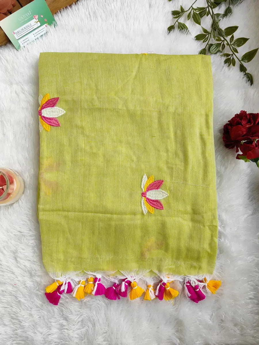 LIME LOTUS EMBROIDERED MUL COTTON SAREE
