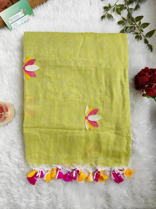 LIME LOTUS EMBROIDERED MUL COTTON SAREE