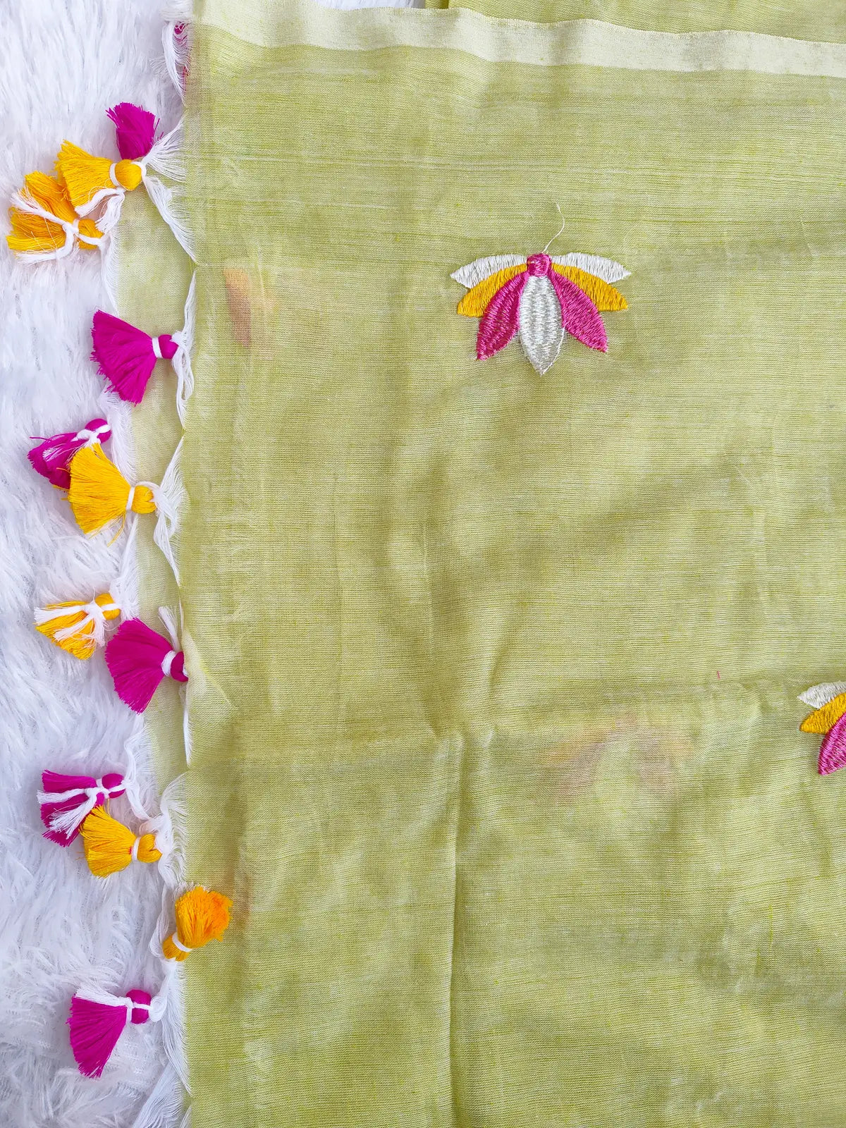 LIME LOTUS EMBROIDERED MUL COTTON SAREE