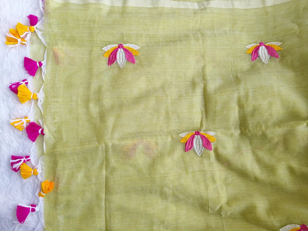 LIME LOTUS EMBROIDERED MUL COTTON SAREE