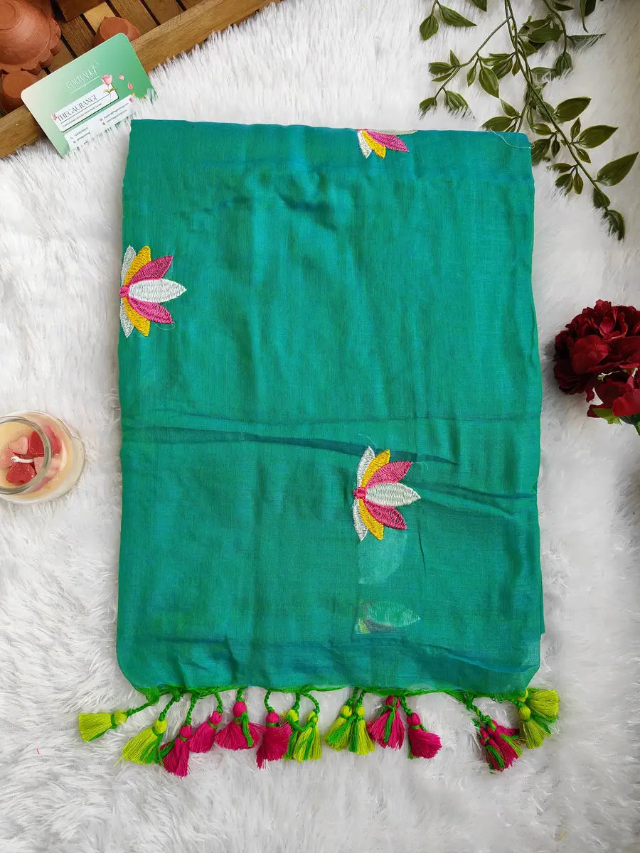 SEA GREEN LOTUS EMBROIDERED MUL COTTON SAREE