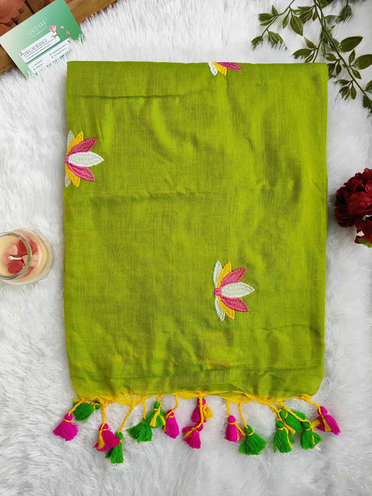 PARROT GREEN LOTUS EMBROIDERED MUL COTTON SAREE