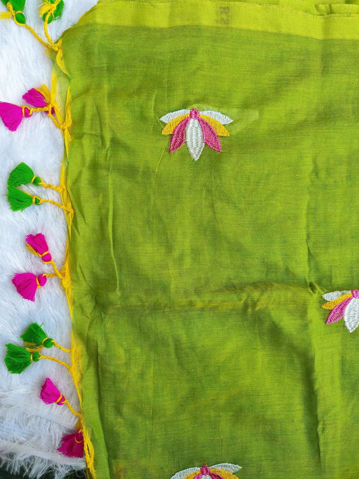 PARROT GREEN LOTUS EMBROIDERED MUL COTTON SAREE