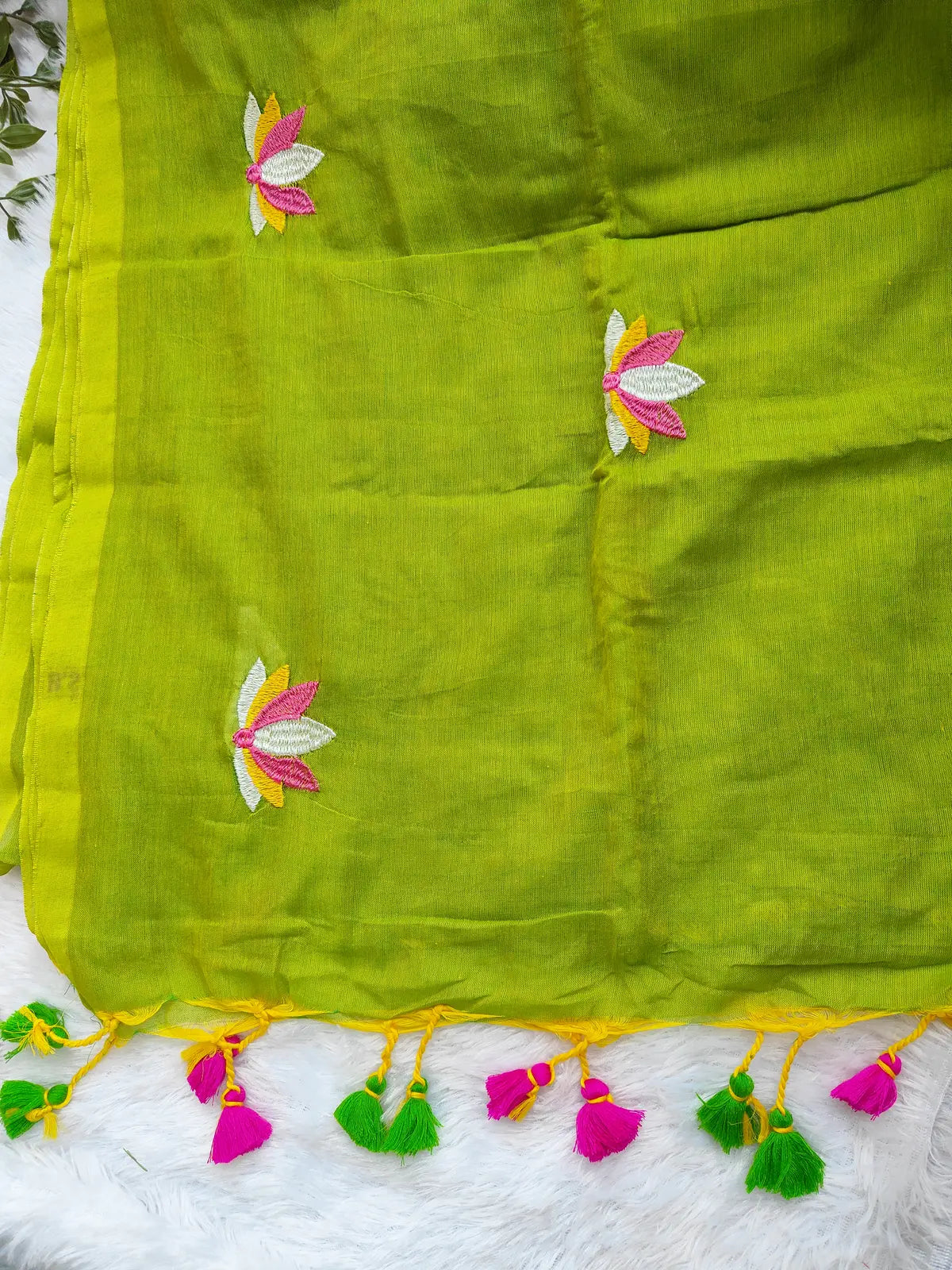 PARROT GREEN LOTUS EMBROIDERED MUL COTTON SAREE