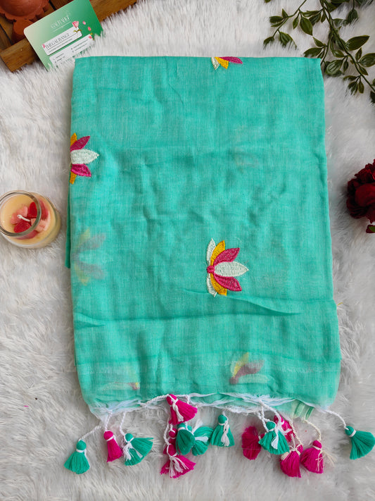 SKY BLUE LOTUS EMBROIDERED MUL COTTON SAREE