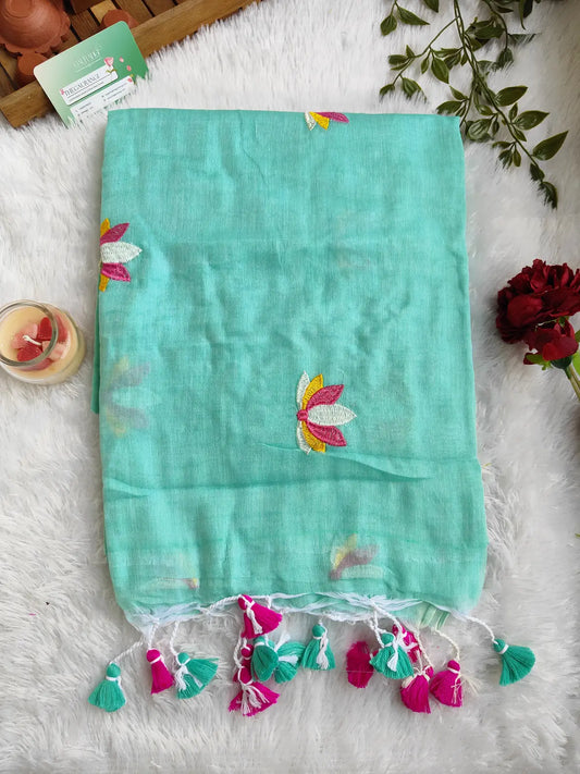 SKY BLUE LOTUS EMBROIDERED MUL COTTON SAREE