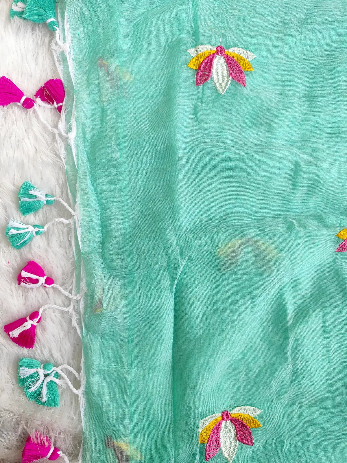 SKY BLUE LOTUS EMBROIDERED MUL COTTON SAREE