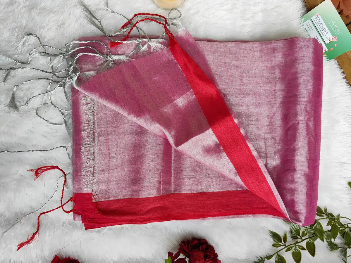 PINK AND RED COTTON TISSUE SAREE