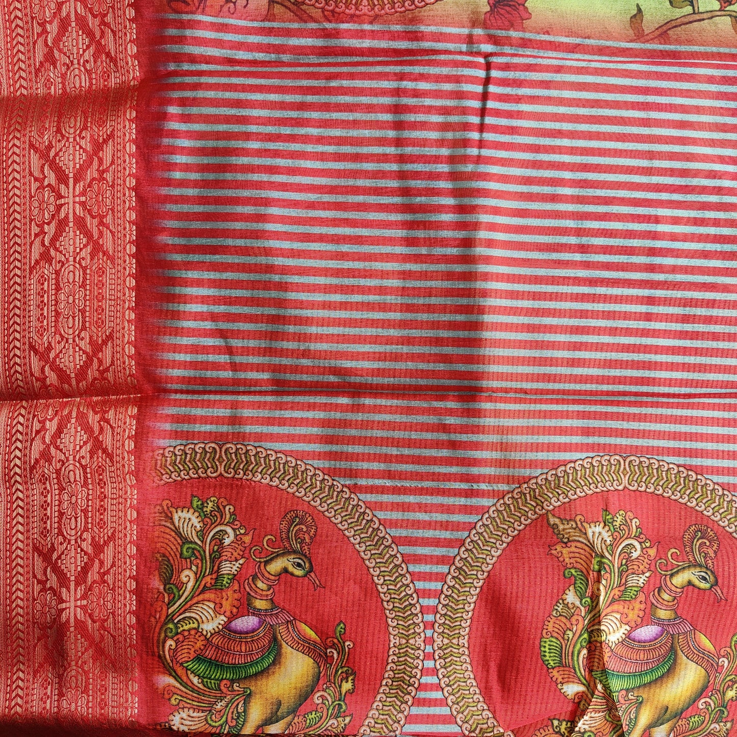 GREEN AND ORANGE KALAMKARI SAREE