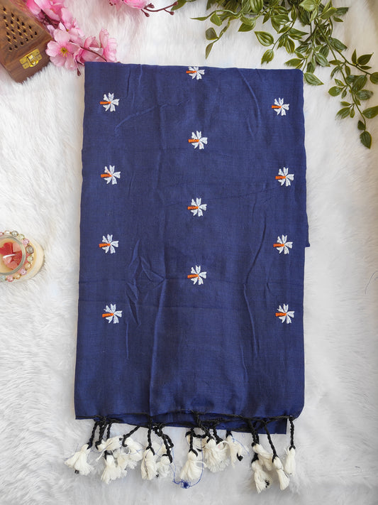 DEEP BLUE JASMINE KHADI COTTON SAREE