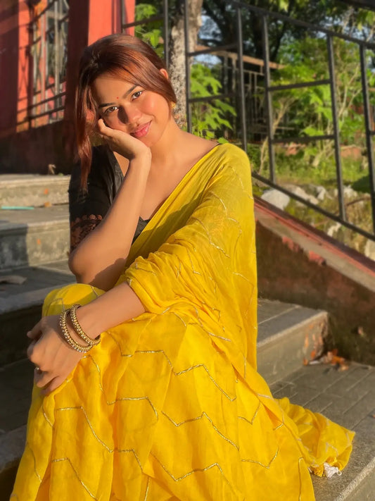 YELLOW ZIG ZAG MUL COTTON SAREE
