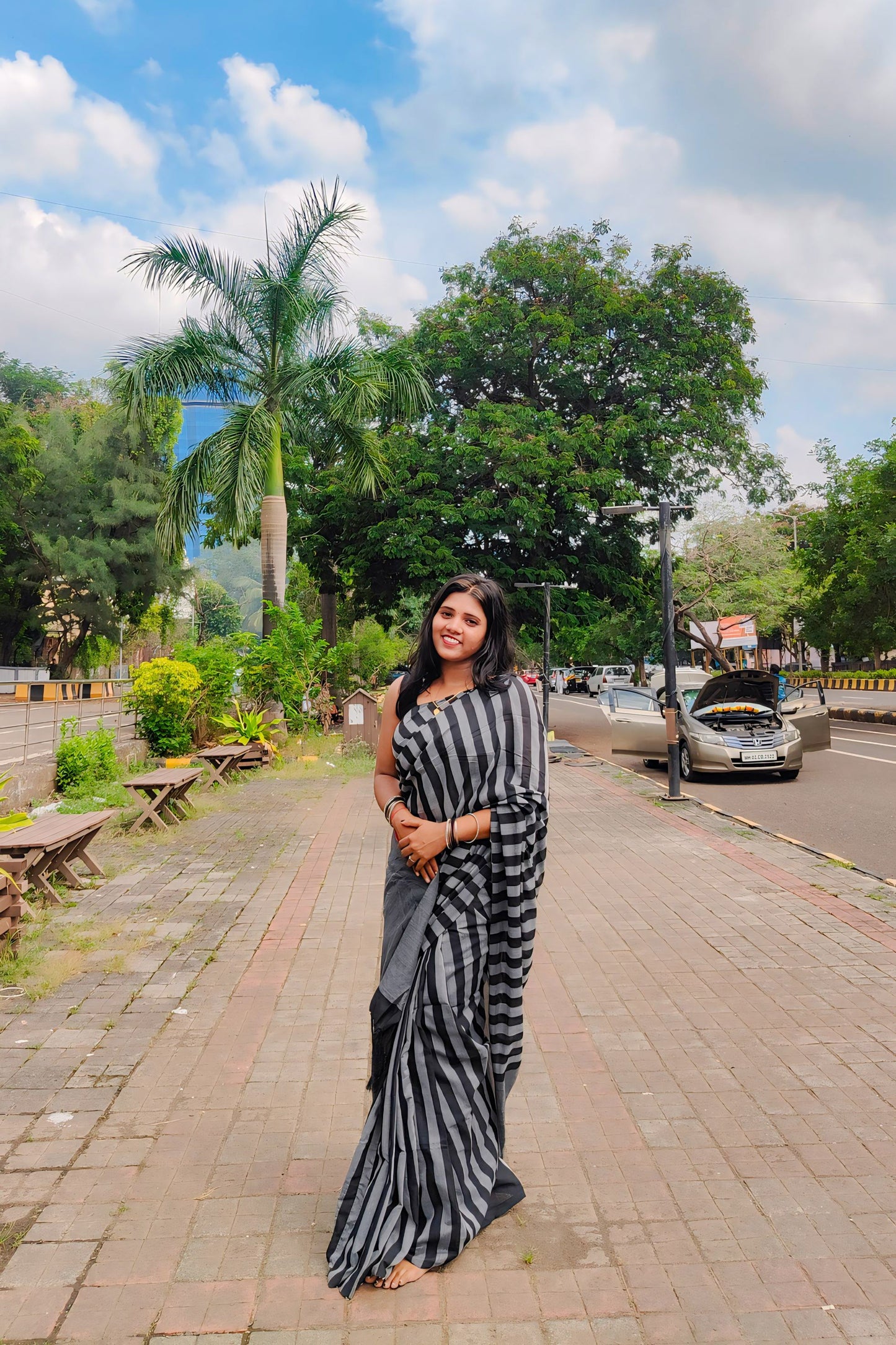 BLACK AND GREY STRIPED KHADI COTTON SAREE