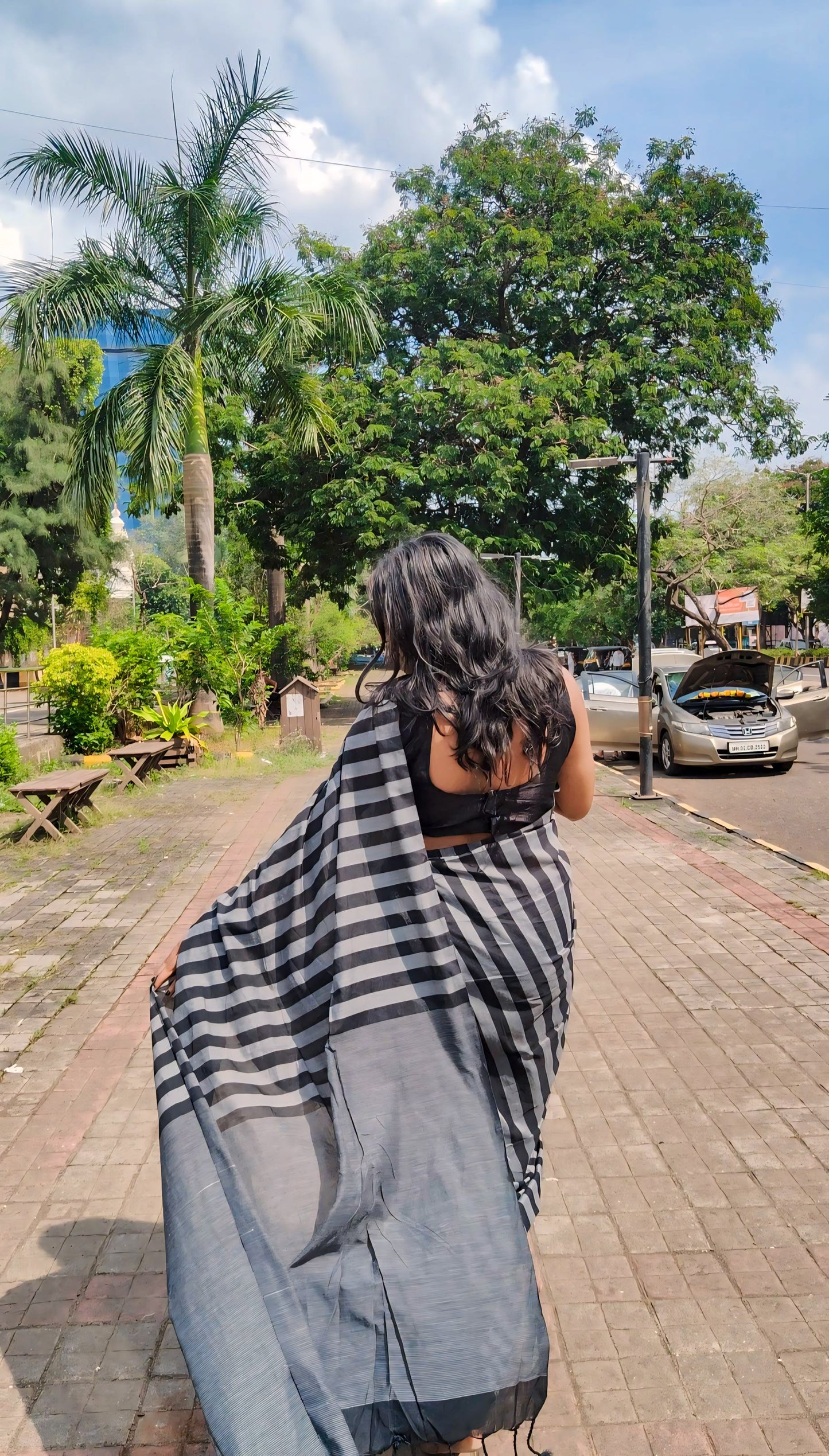 BLACK AND GREY STRIPED KHADI COTTON SAREE