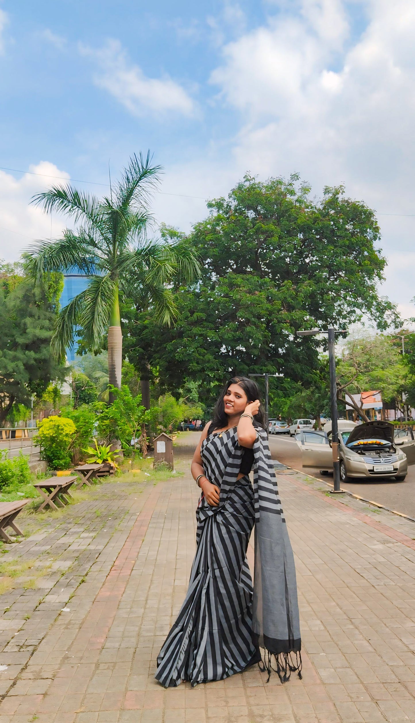 BLACK AND GREY STRIPED KHADI COTTON SAREE
